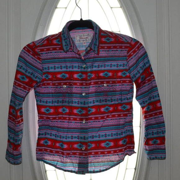 PANHANDLE Girl's Red, White, & Blue Aztec Long Sleeve Shirt Pearl Snaps Size S - Picture 1 of 3